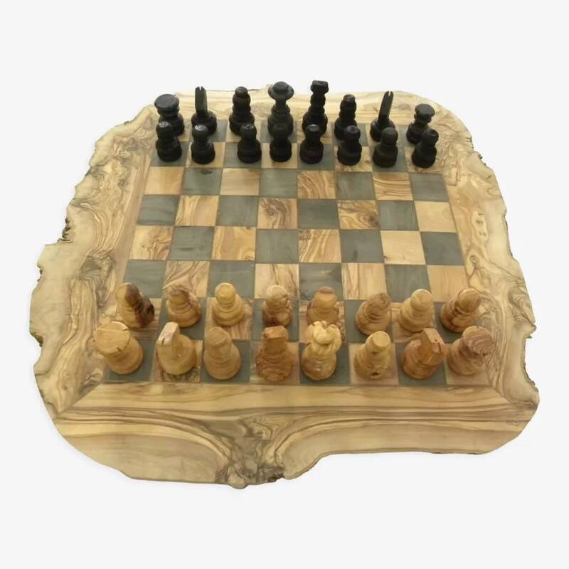 Rustic handcrafted olive wood chess set