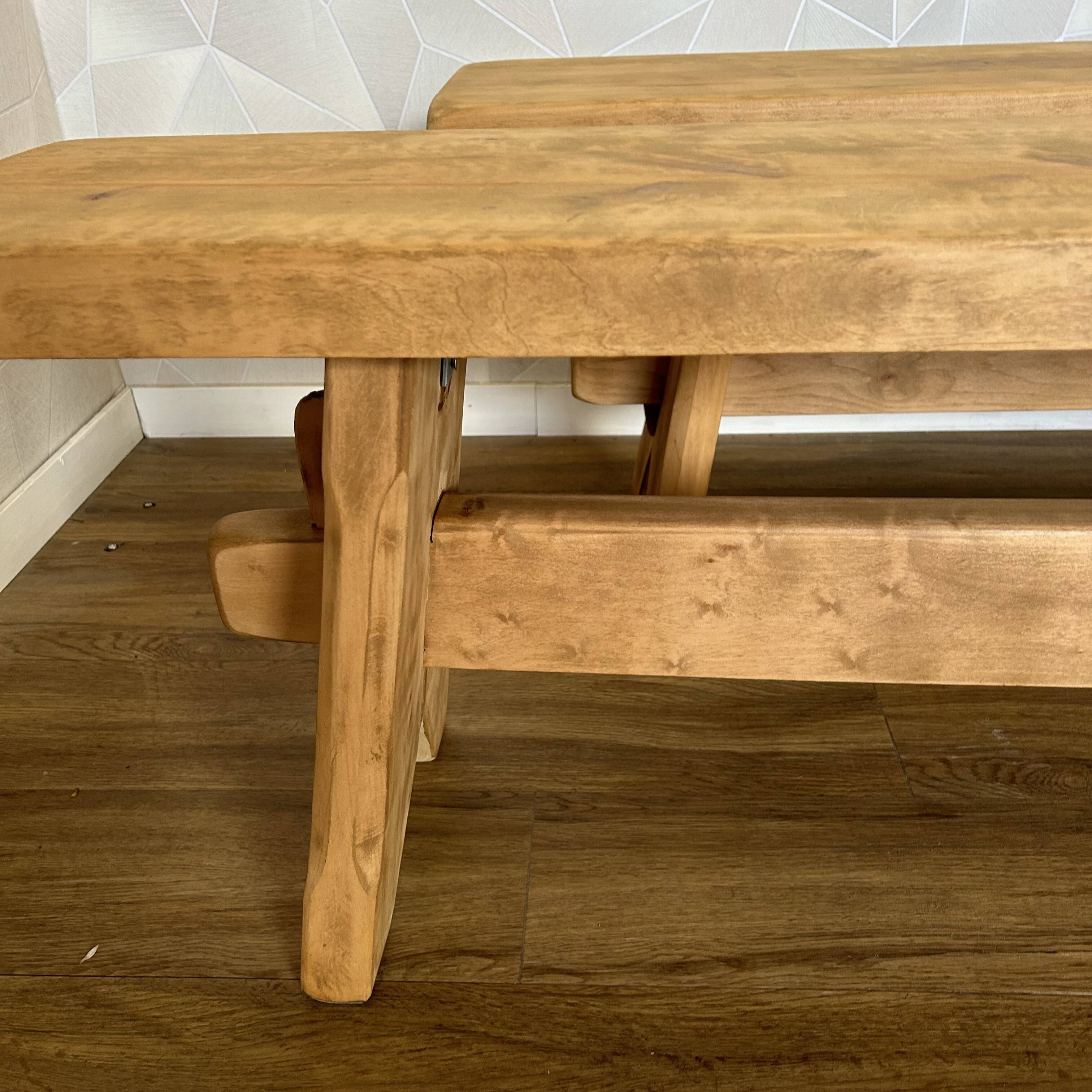 Pair of benches in light stripped solid wood