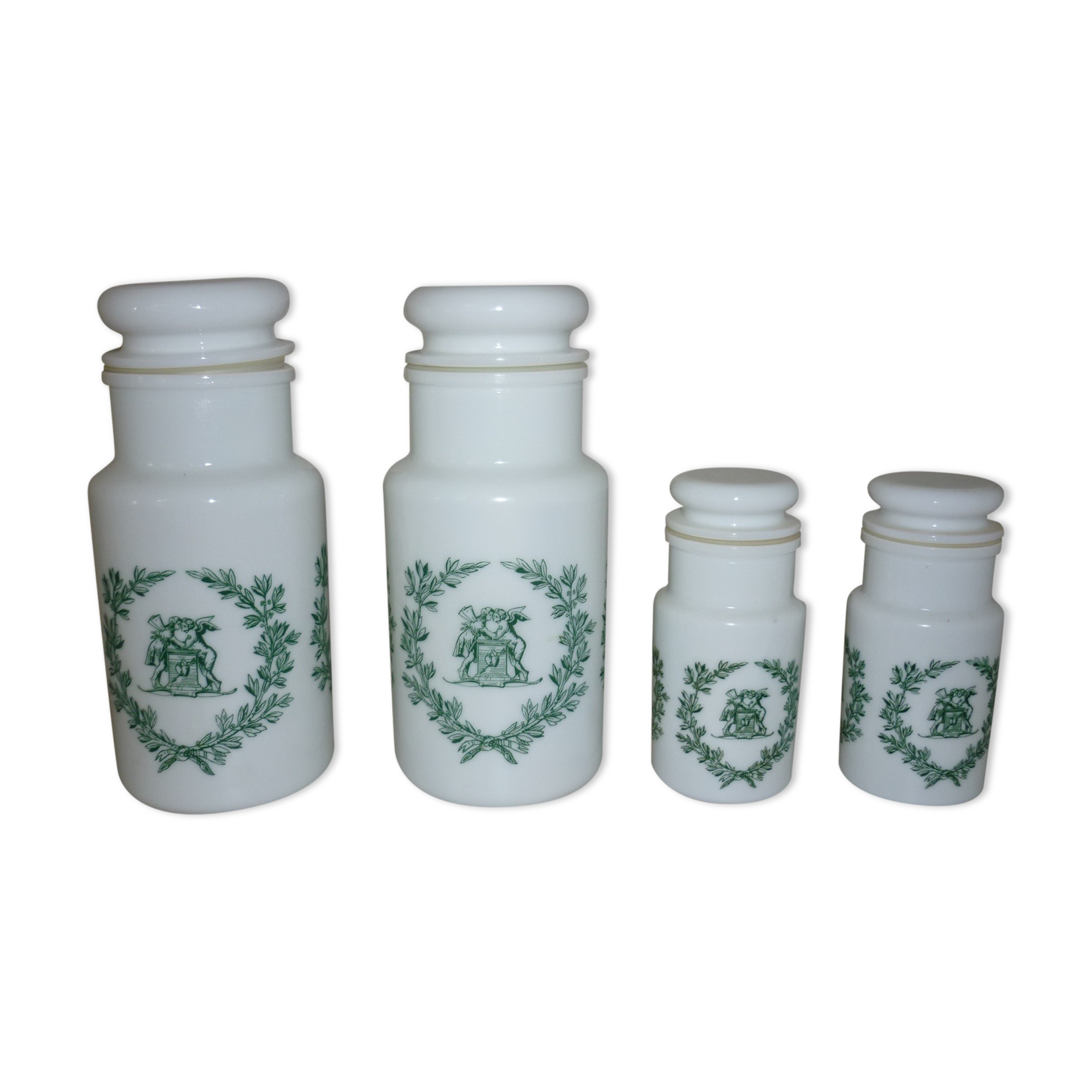 Set of 4 glass jars opal from italy white and green