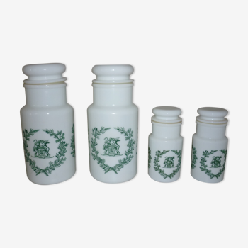 Set of 4 glass jars opal from italy white and green