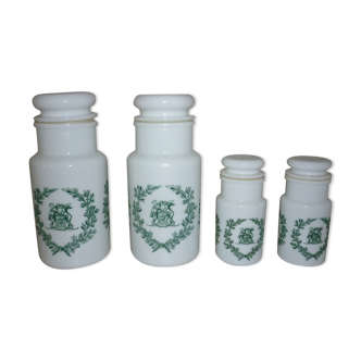 Set of 4 glass jars opal from italy white and green