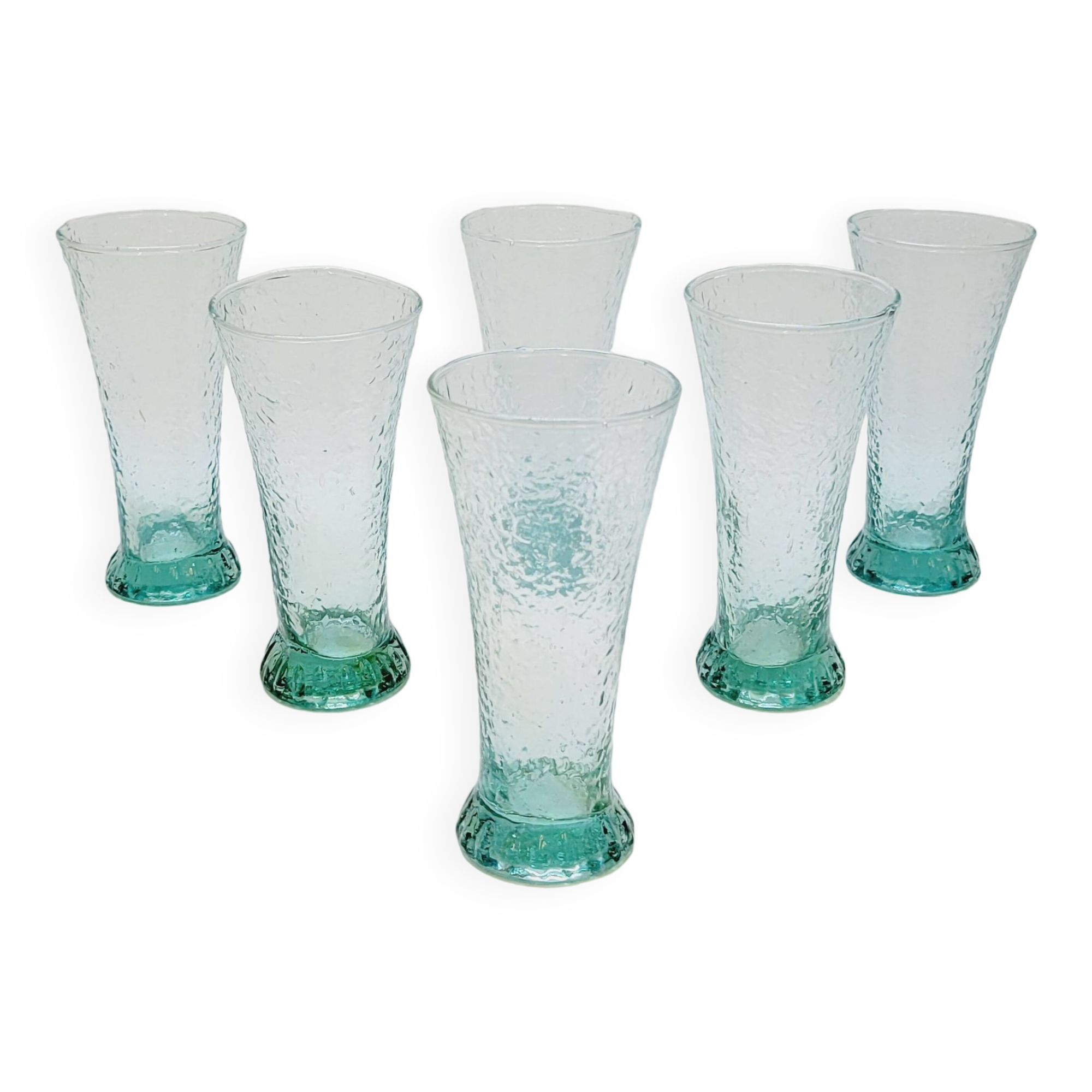 6 flared glasses in textured bubble blown blue glass pastis / orangeade / water