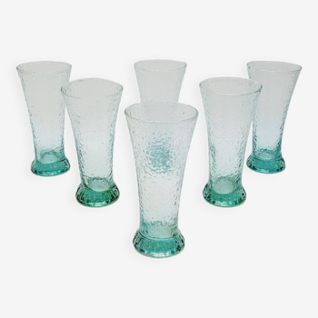 6 flared glasses in textured bubble blown blue glass pastis / orangeade / water