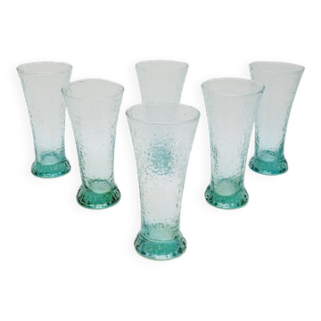 6 verres évasés en verre bleu soufflé bullé texturé pastis / orangeade / eau
