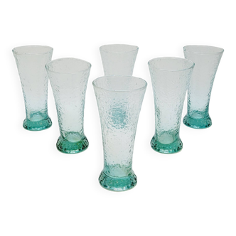 6 flared glasses in textured bubble blown blue glass pastis / orangeade / water