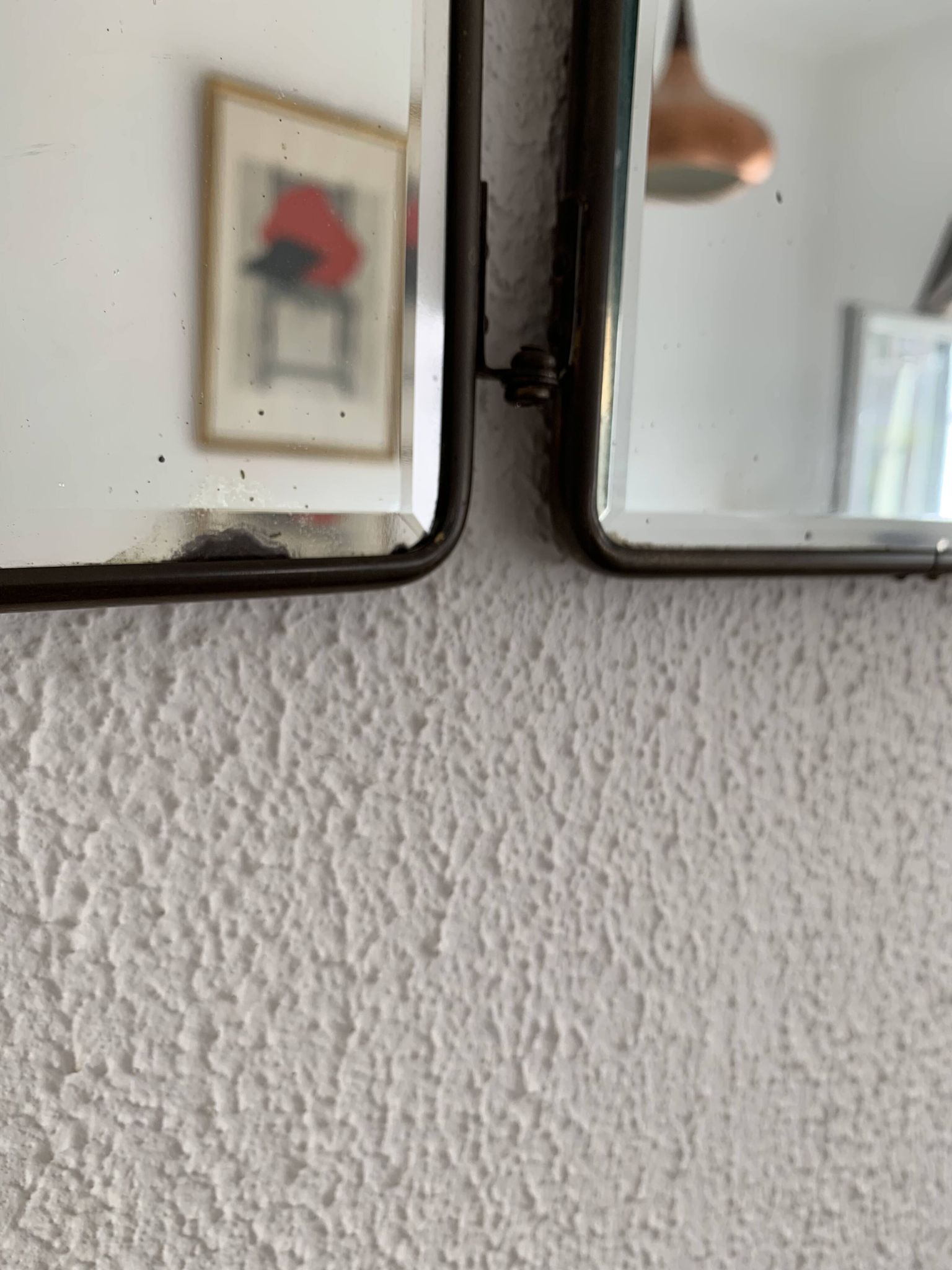 Vintage 1930s barber triptych mirror crystal faux leather gold - 25 x 59 cm