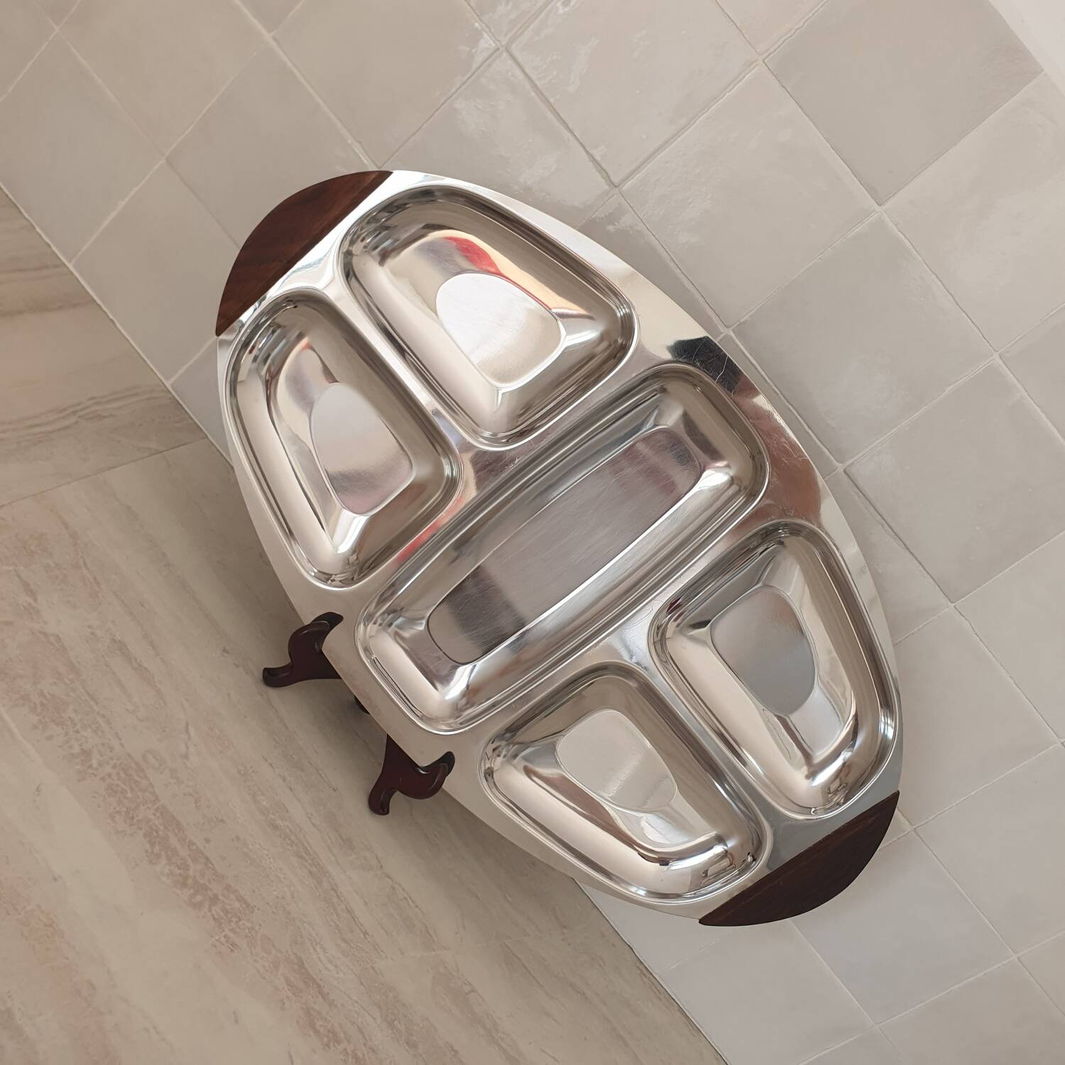 Plateau inox 18/10 poignées en bois multi compartiment Vintage