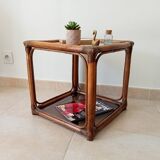Table d'appoint vintage rotin et verre fumé années 70