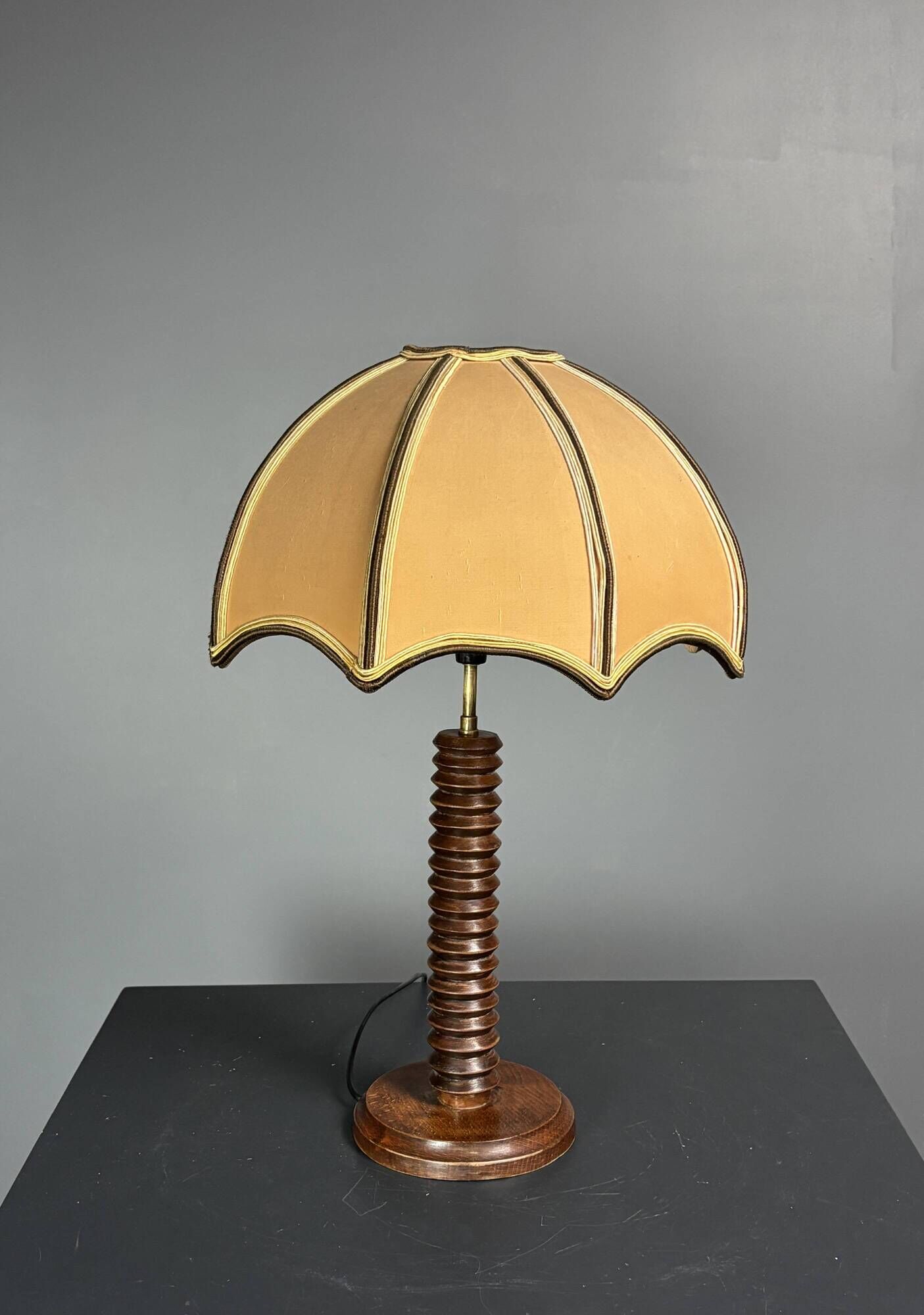 Midcentury brutalist wood turned mushroom table lamp, Charles Dudouyt style