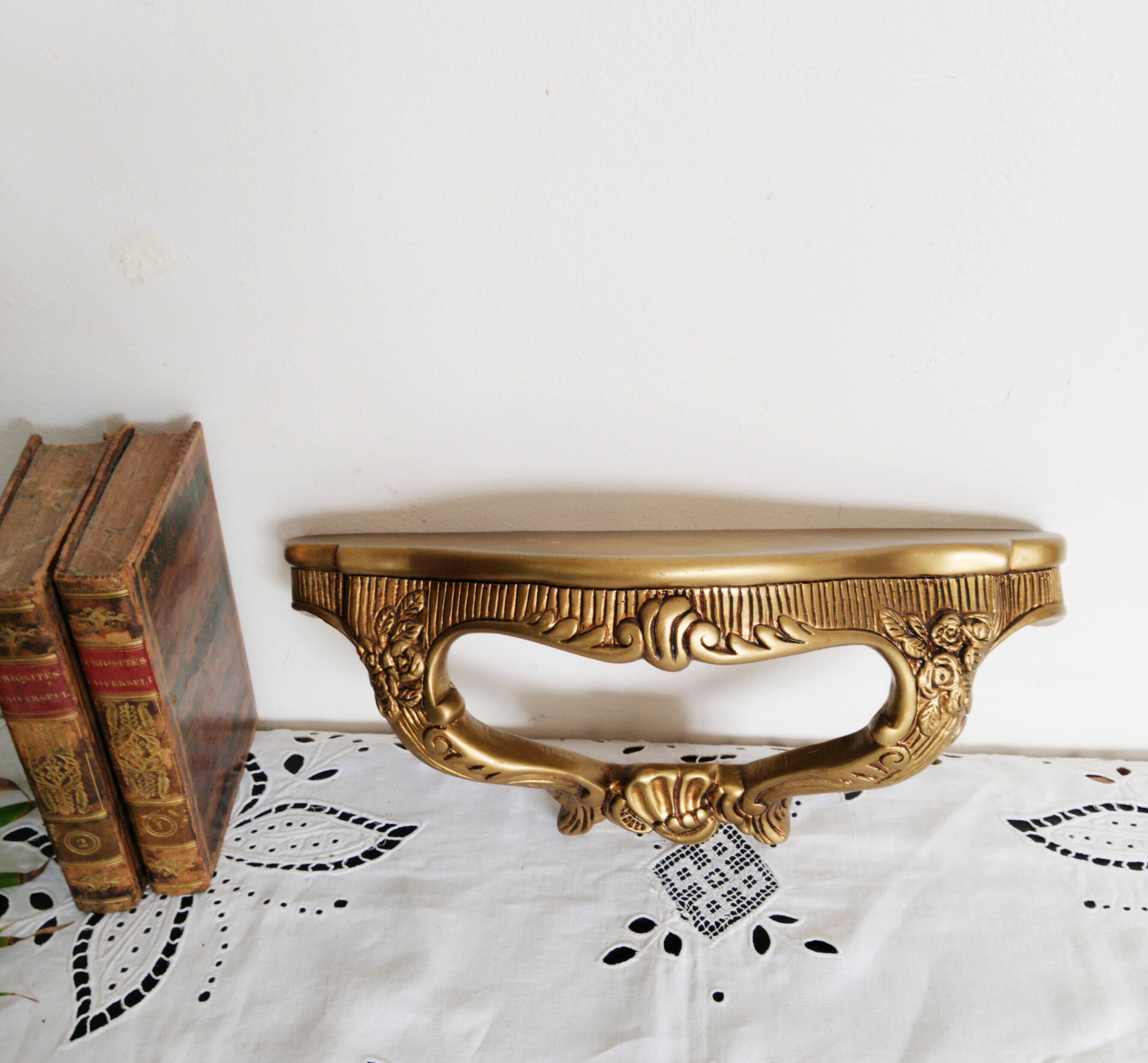 Golden console, vintage French, entrance shelf, shelf