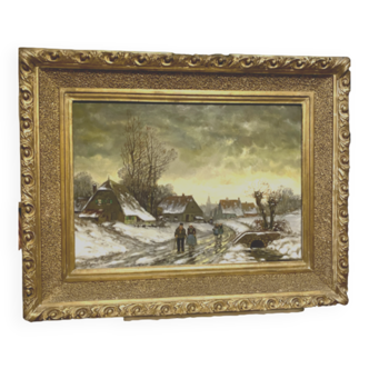 Oil on canvas "Snowy village animated by characters" XX century