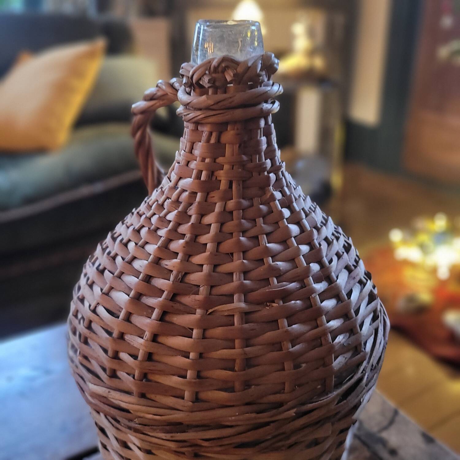 Glass demijohn encased in wicker, 1950s–1960s