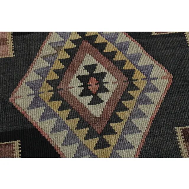 70's Brown Turkish Oushak Handmade Wool Geometric Motif Runner Rug 123x293