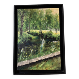 Framed oil on canvas "Stream in the Woods"