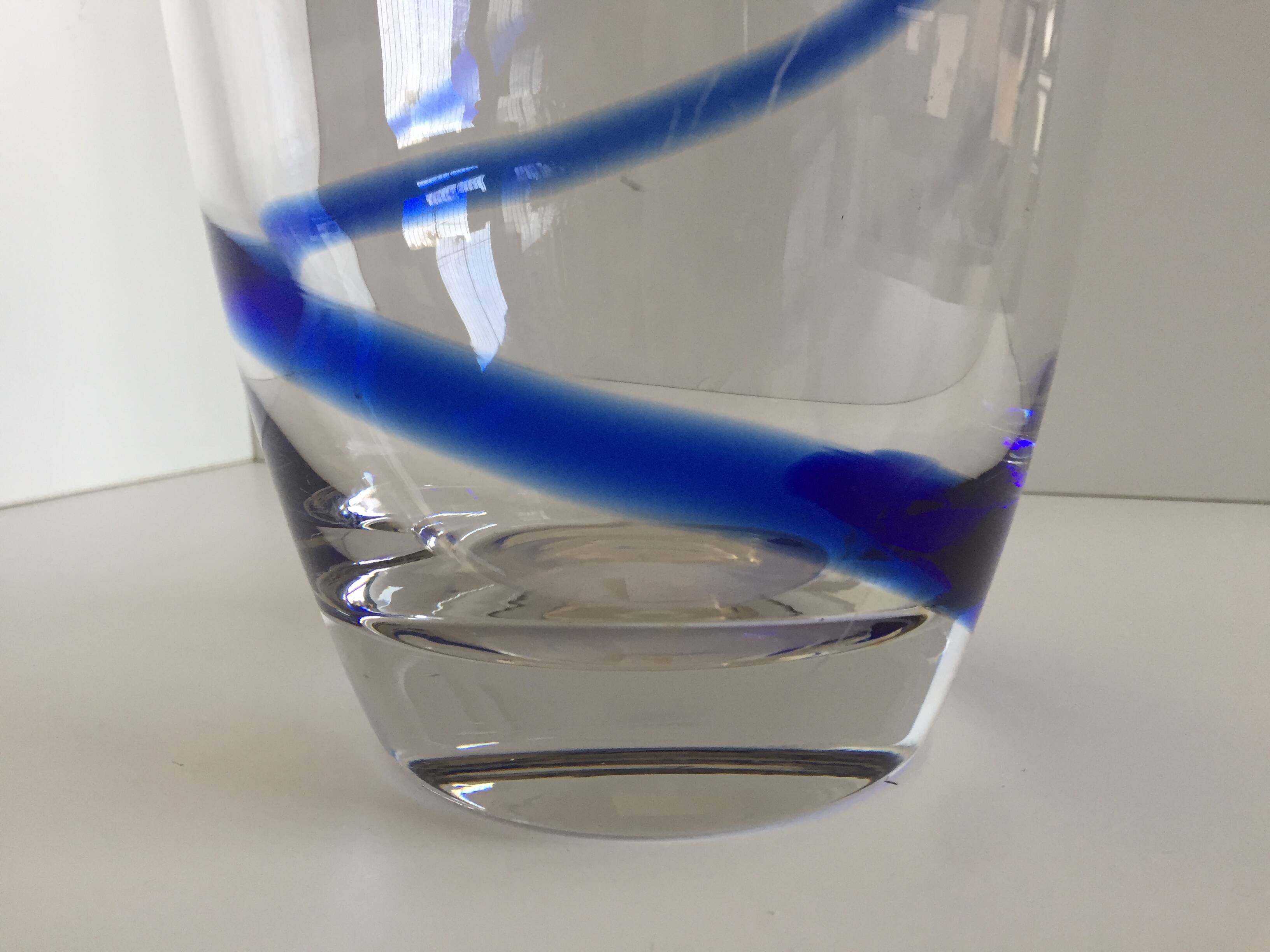 Large thick crystal glass vase modernist design cobalt edging