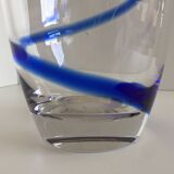 Large thick crystal glass vase modernist design cobalt edging
