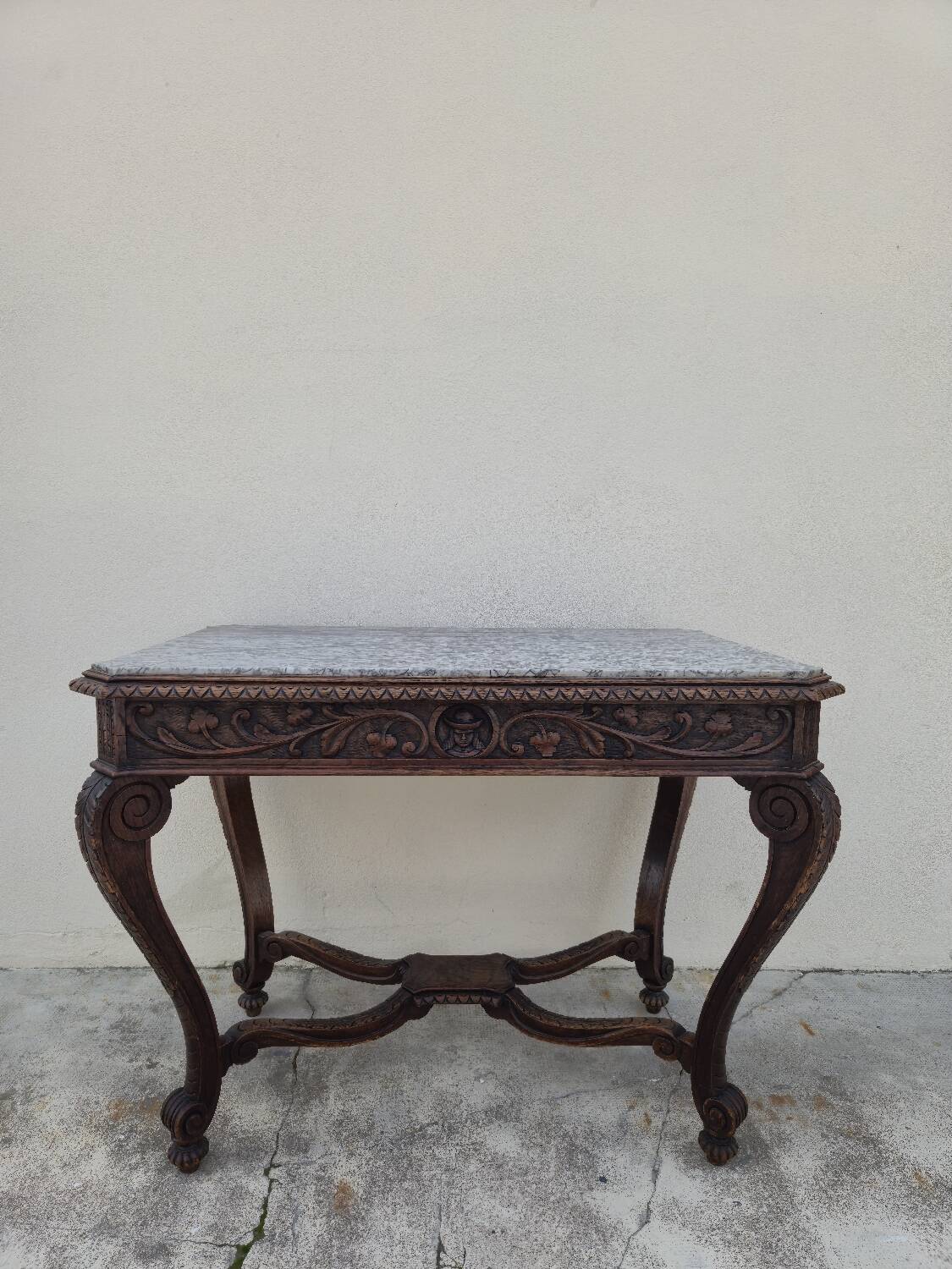 Louis XV style game table in solid oak and richly decorated marble
