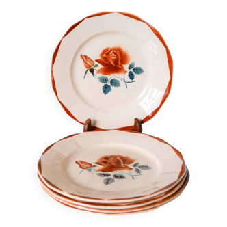 Lot de 5 assiettes plates Digoin Sarreguemines à fleurs roses et rouges 1950