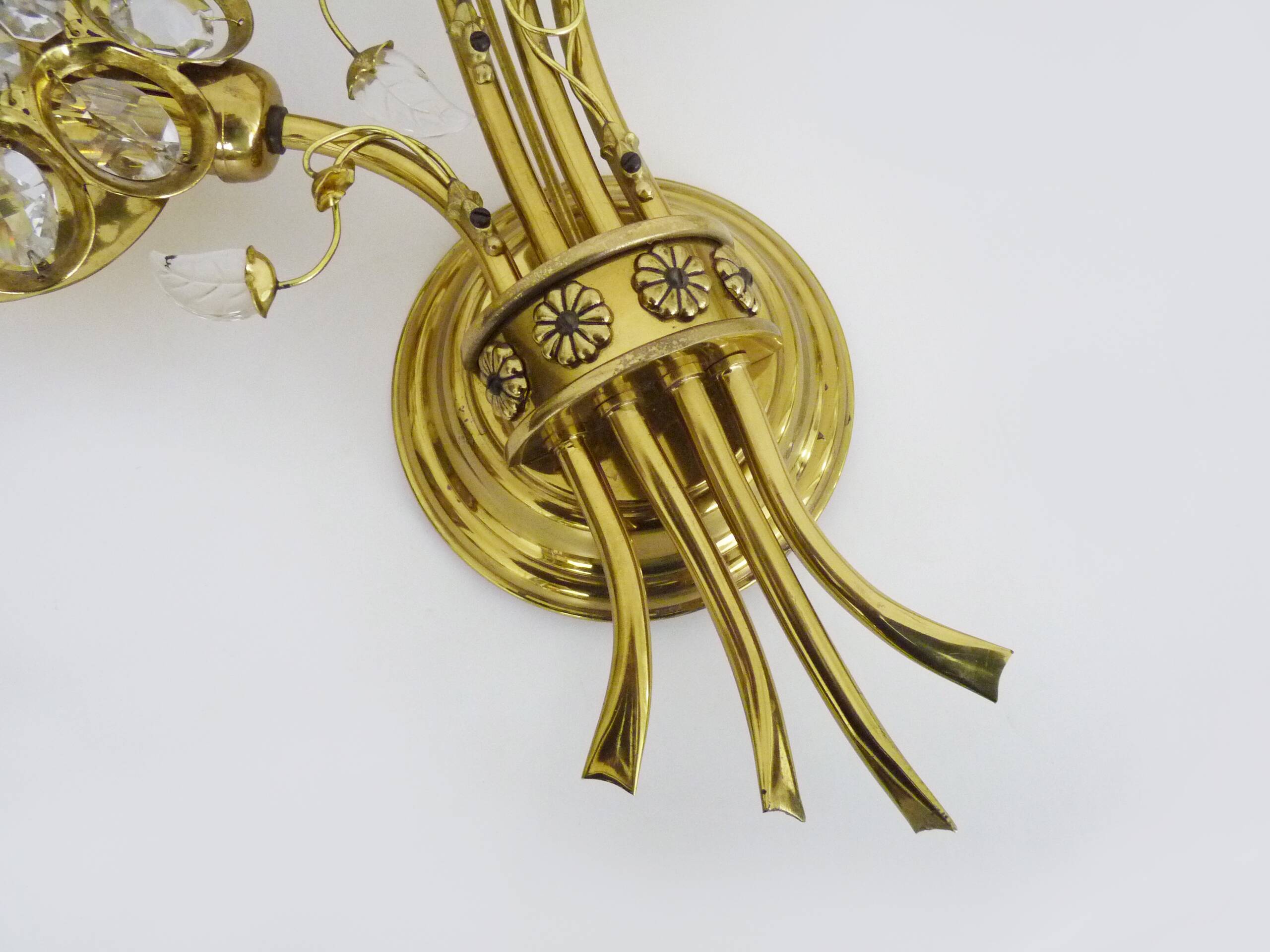 Large pair of vintage Palwa crystal and brass flower wall lights with 4 lights. 70s