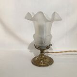 Lampe à poser en bronze et tulipe en verre plissé, Louis XVI, 1900 ancienne vintage
