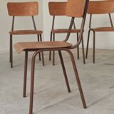 Set of 6 Czech school chairs in metal and wood, Kovona bistro style.