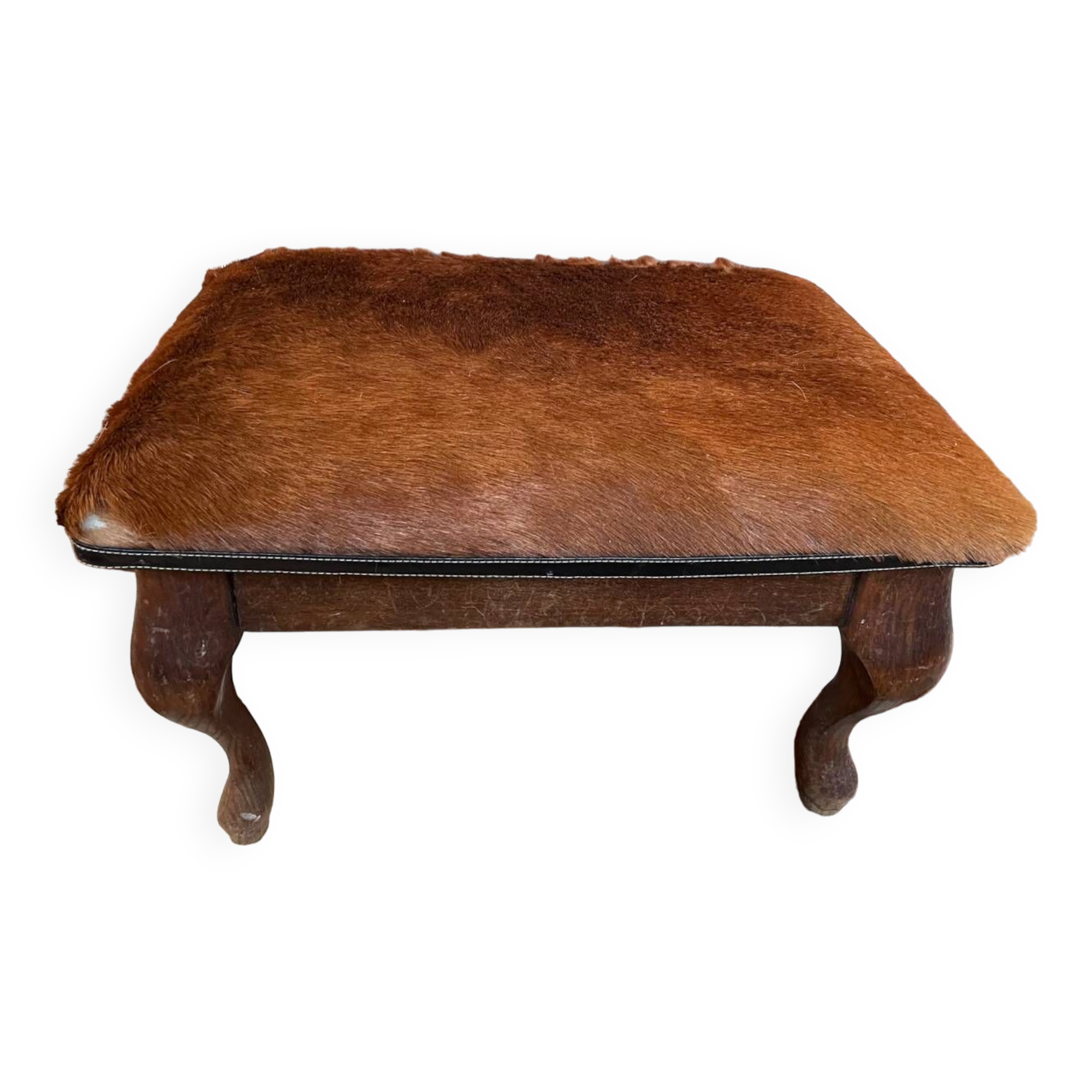 Vintage wooden and goatskin pouf