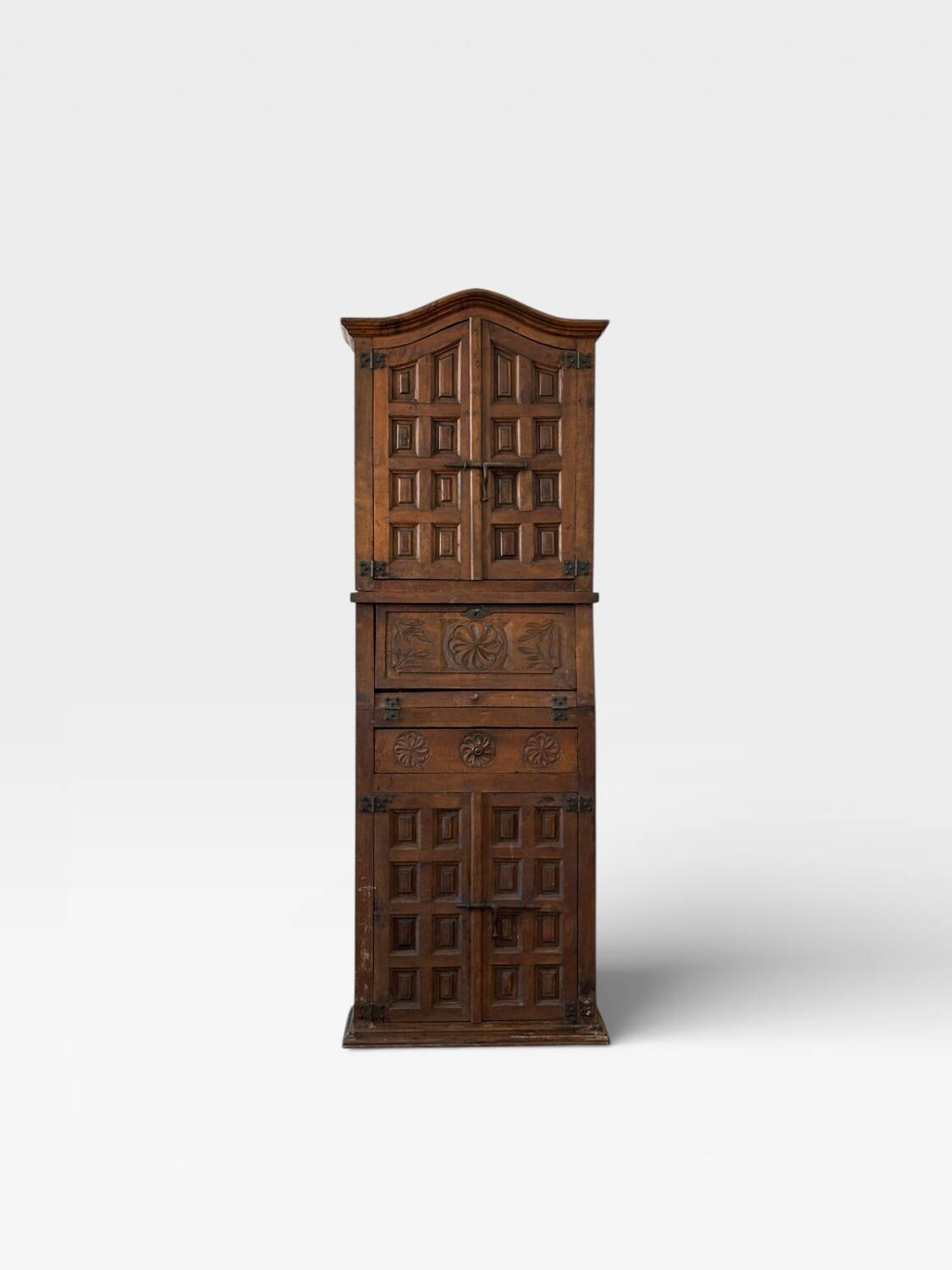 Antique Spanish wardrobe with three sections — carved drop front & wrought iron