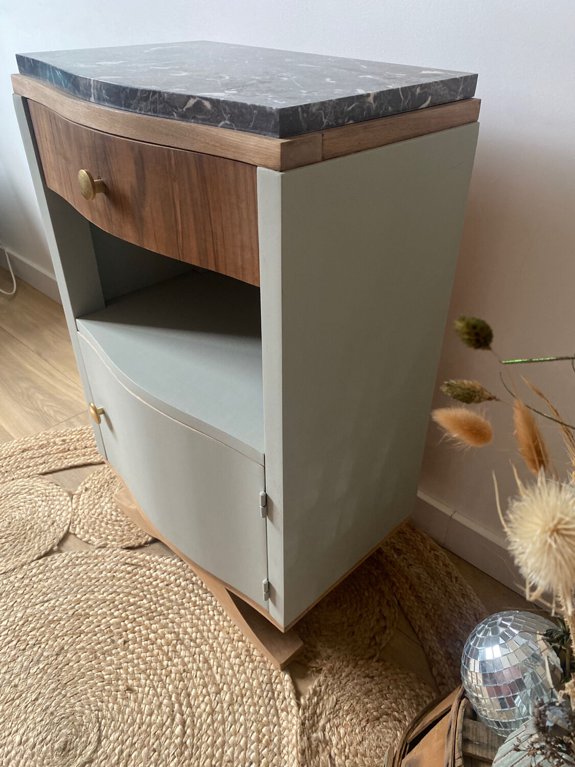Pair of mismatched art deco bedside tables in green and wood