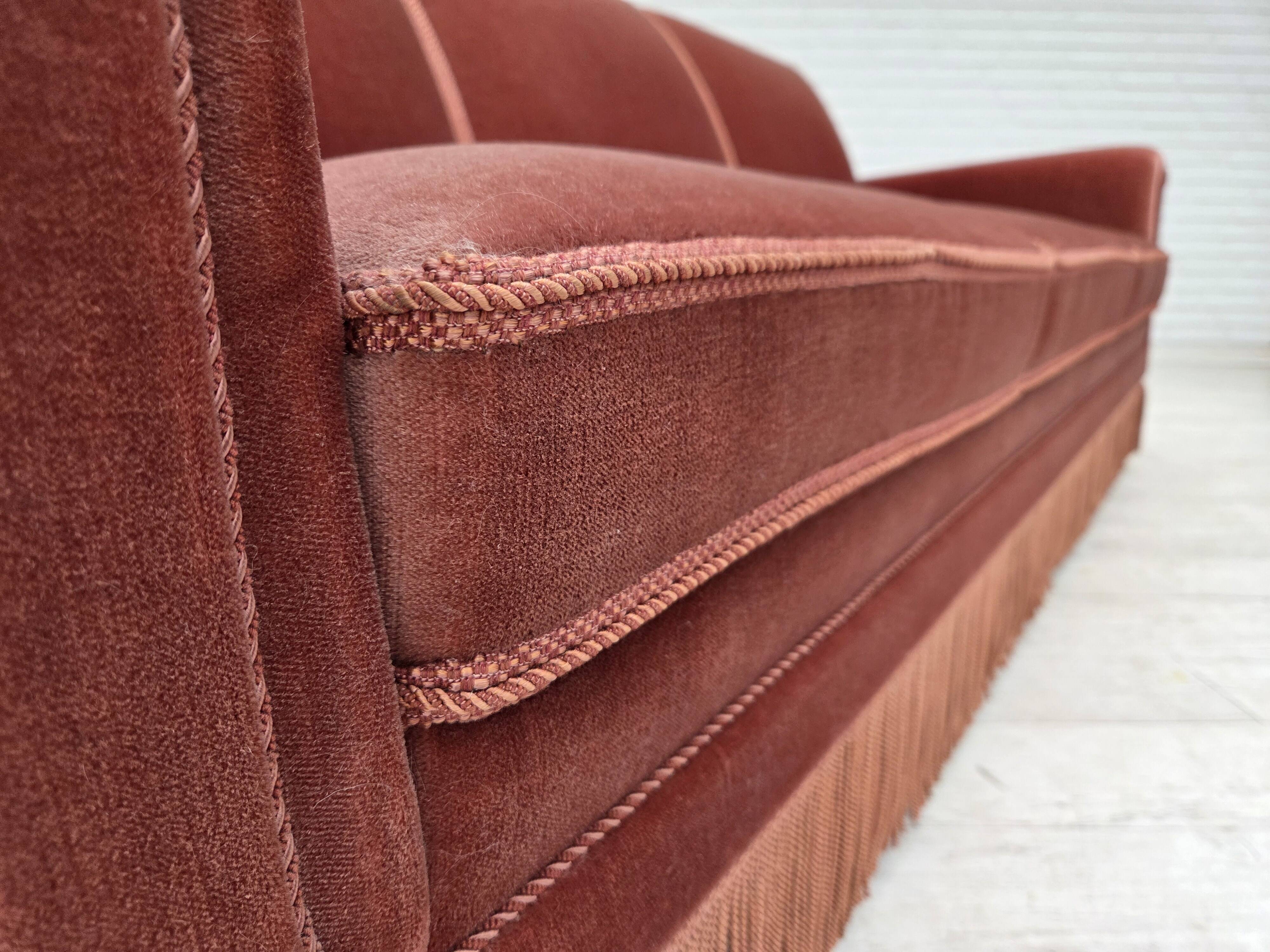 1970s, Danish 3-seater sofa, salmon pink furniture velour, beech wood.