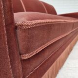 1970s, Danish 3-seater sofa, salmon pink furniture velour, beech wood.