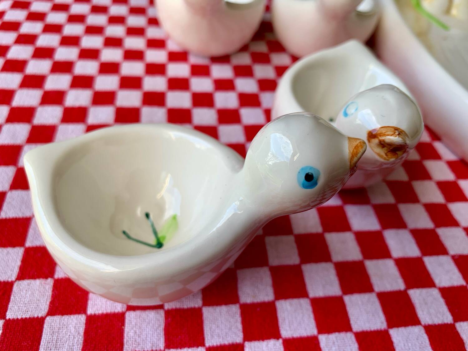 Dish and egg cups with chick designs