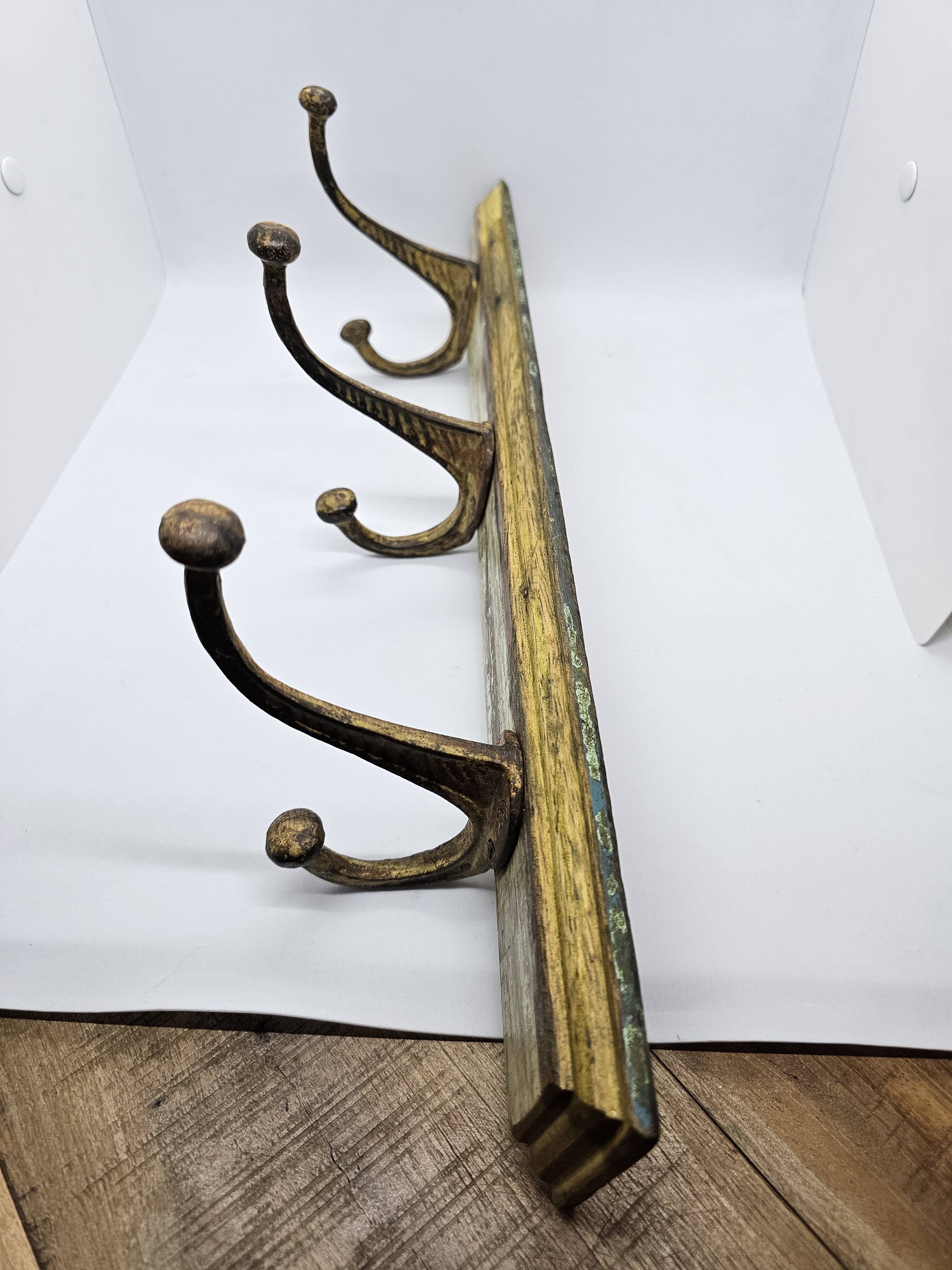 Solid teak coat hook with 3 double cast iron hooks