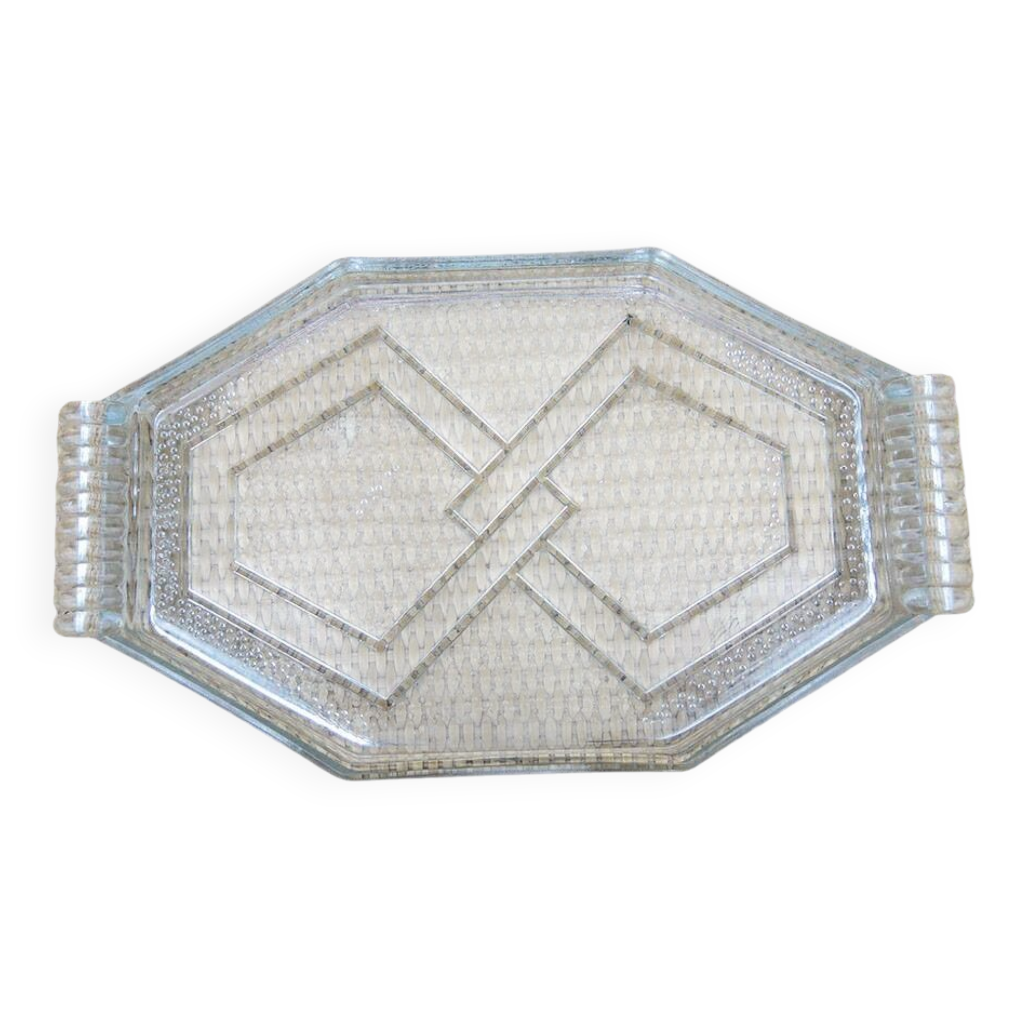 Vintage transparent glass platter in Art Deco style.