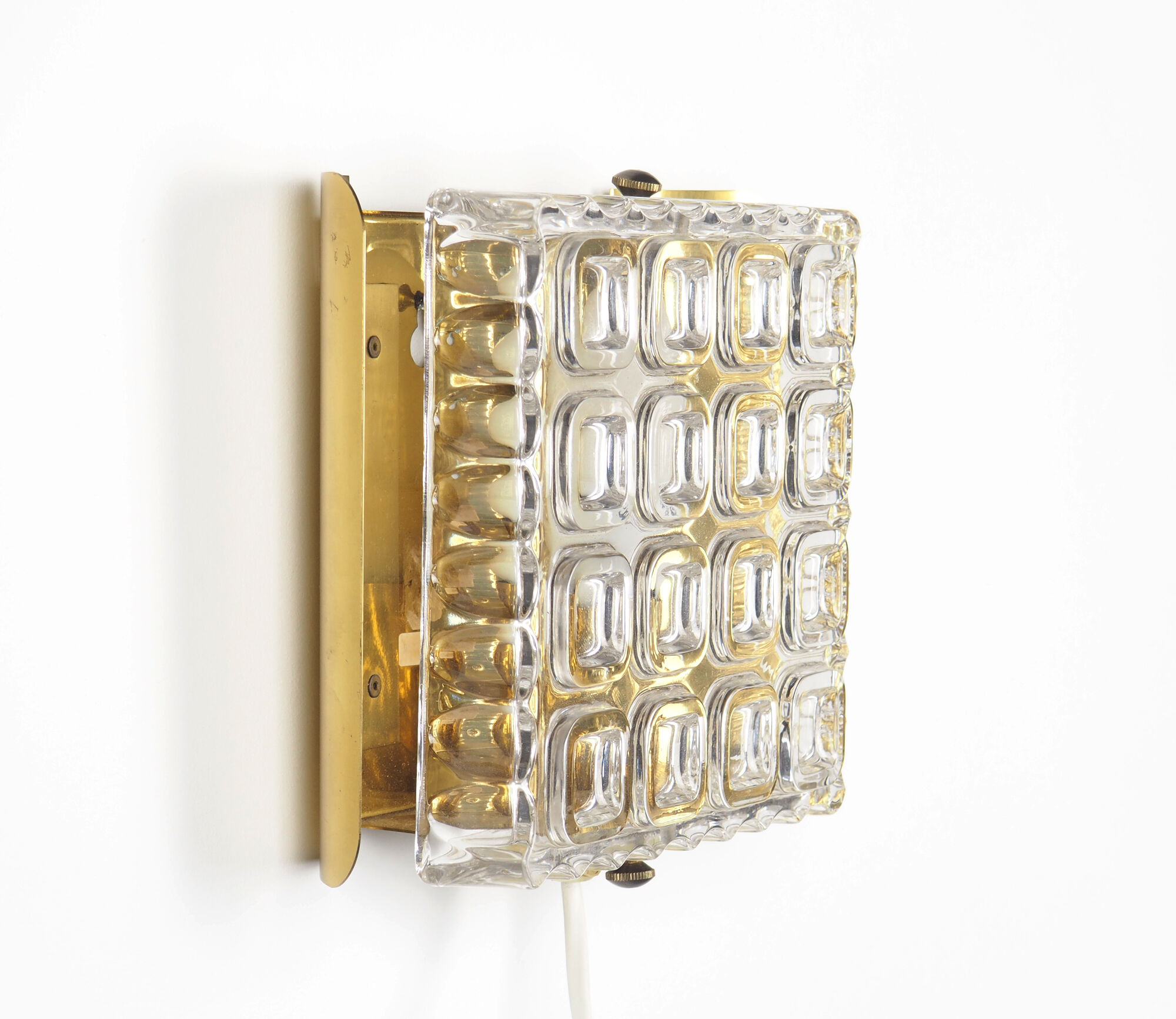 Brass an pressed glass square wall lamps by Carl Fagerlud for Orrefors, 1960