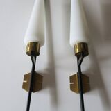 Pair of brass and opaline glass wall lights, Stilnovo period, Italy 1940-50