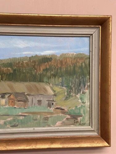 Oil on Panel “Landscape with a Hut” by Carl Einar, Vintage & Framed 38.5×32cm