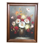 Oil Painting On Canvas FREDERICK Still Life Flowers + Wood Frame #A770