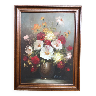 Tableau, huile sur toile fleurs encadrée, Frederick