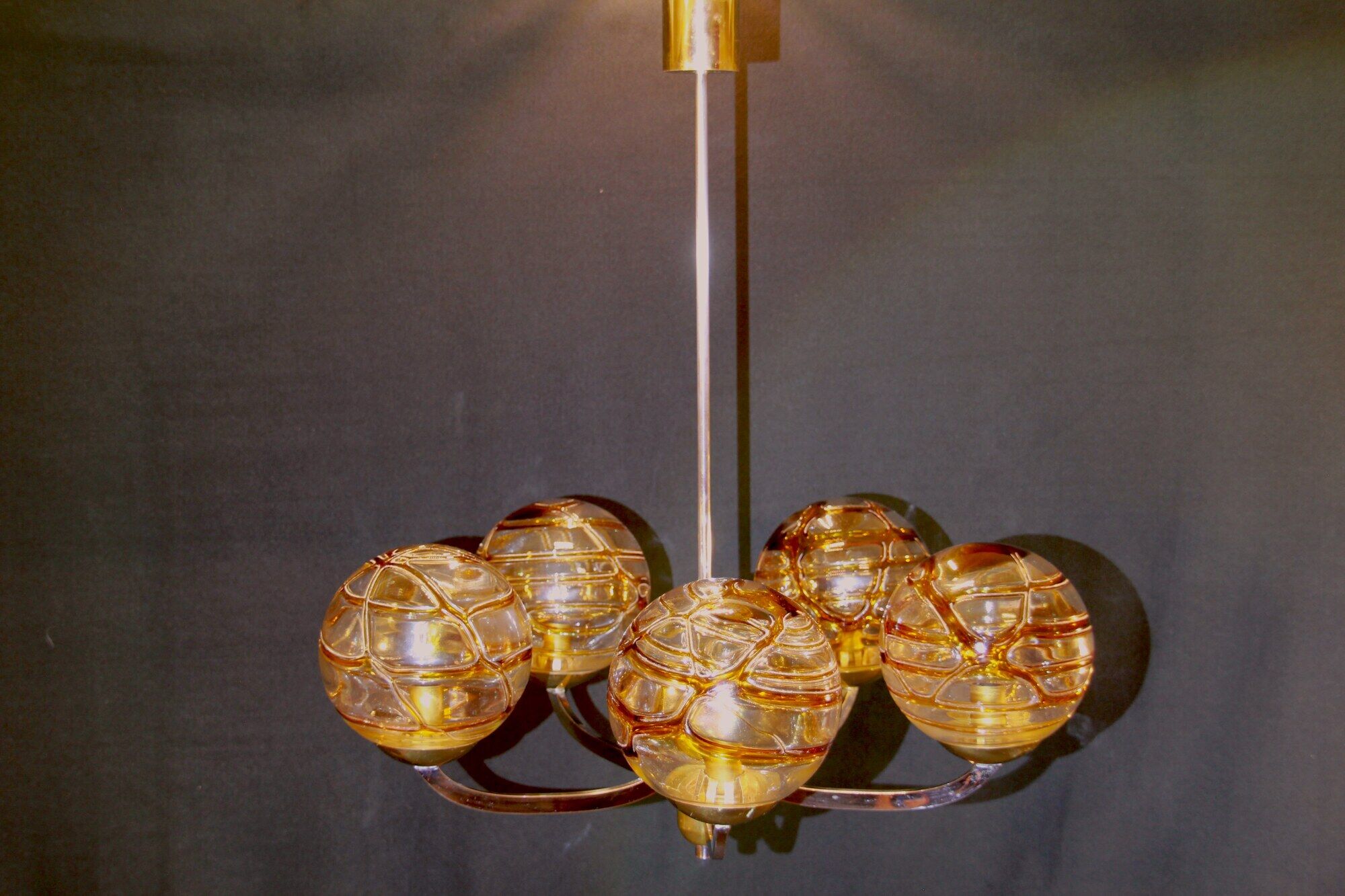 Mid 20th Century Amber Murano Glass Globe Textured,Chrome and Brass Chandelier, by Doria