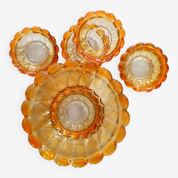Set of salad bowl & 6 bowls in iridescent orange carnival glass