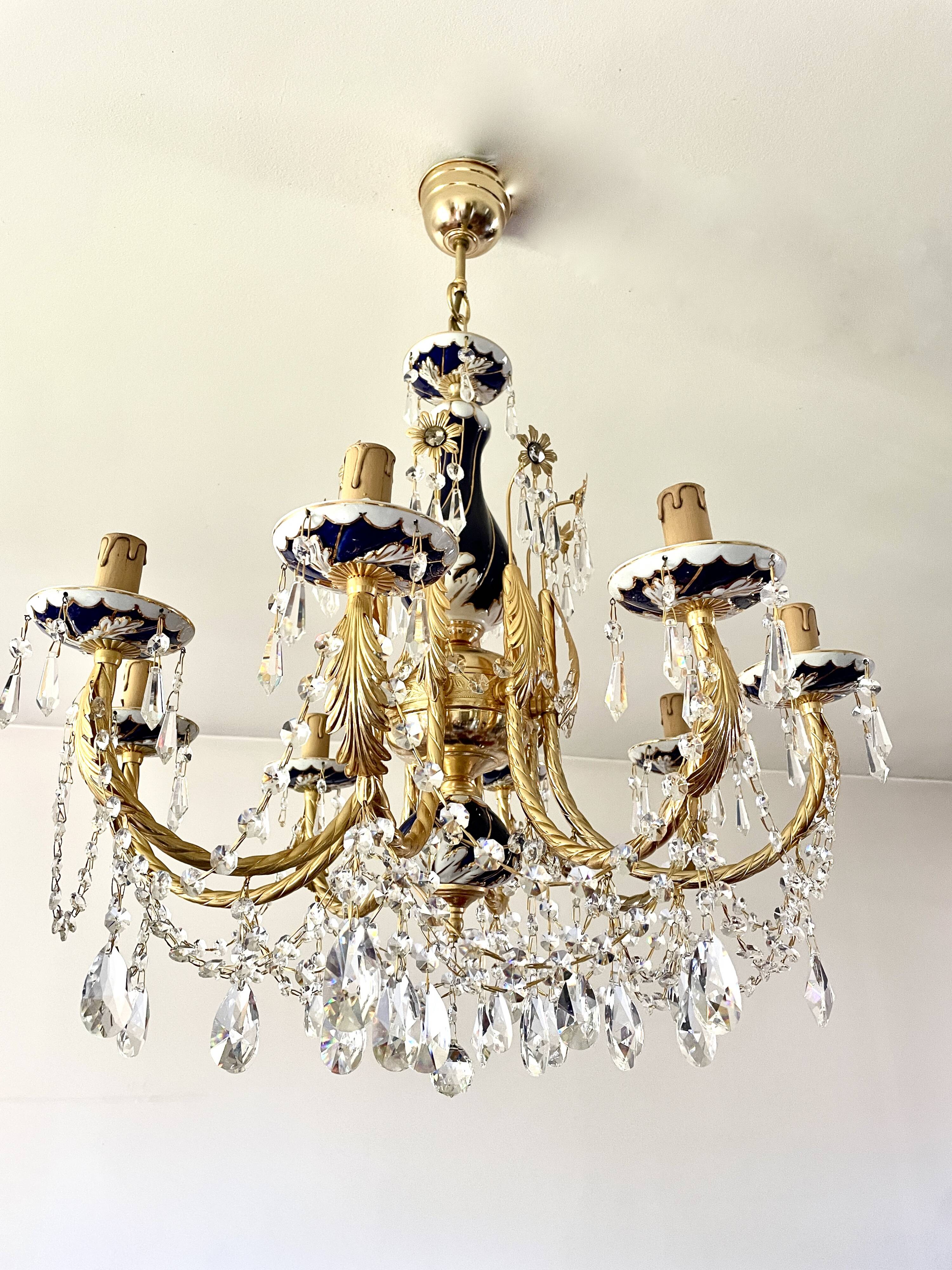 Large Russian chandelier in blue ceramic and crystal pendants, mid-20th century