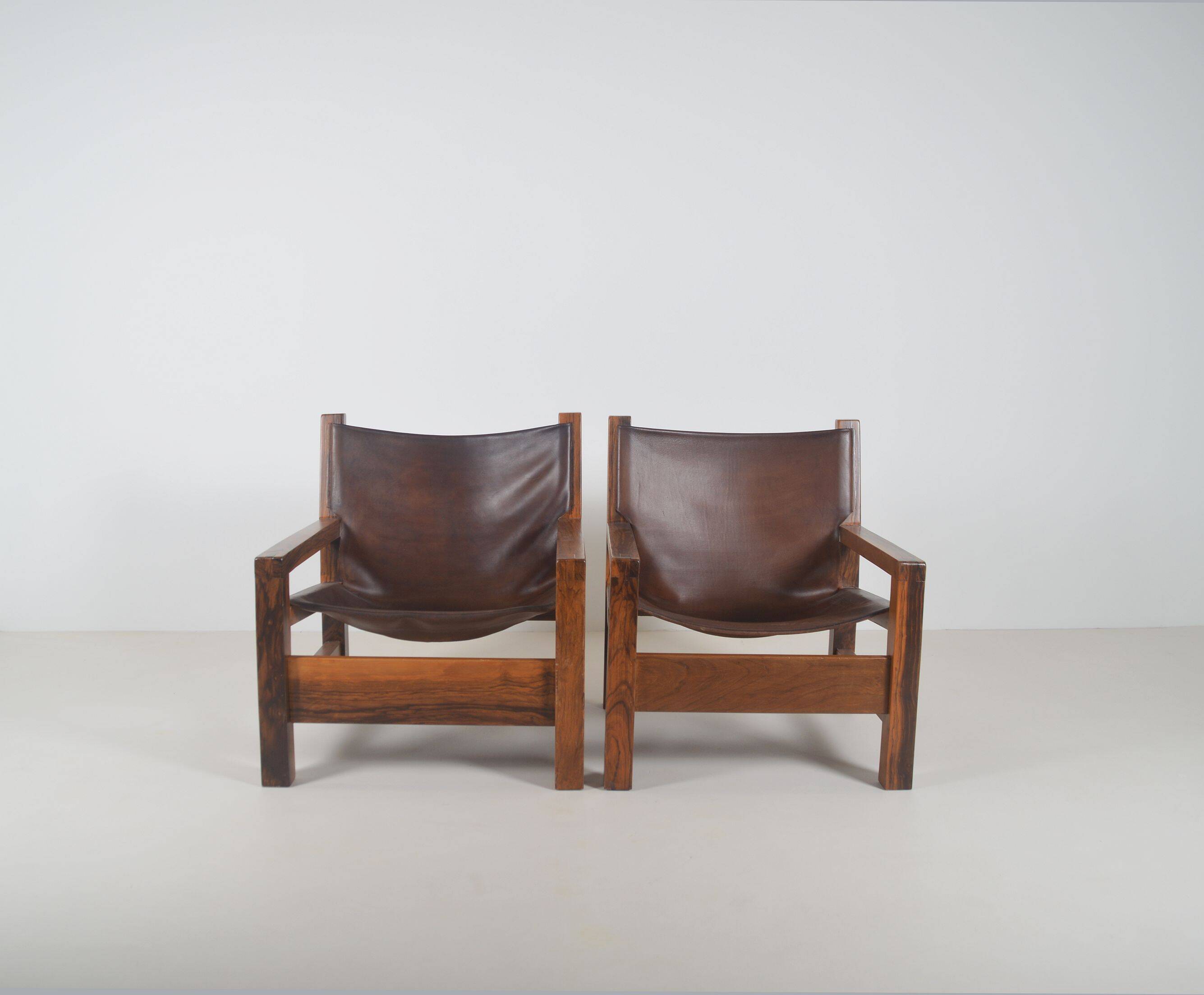 Set of French armchairs in olive wood with saddle leather, 1970s