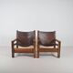 Set of French armchairs in olive wood with saddle leather, 1970s