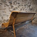 Vintage French garden bench in pine, mid-20th century.