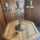 Vintage brass candelabrum engraved with three lights and a snuffer.