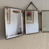 Miroir vintage 1910 triptyque barbier fleur de lys doré - 22 x 50 cm