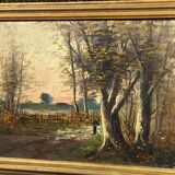 Painting Barbizon School animated path twilight wooden frame gilded stucco late 19th century