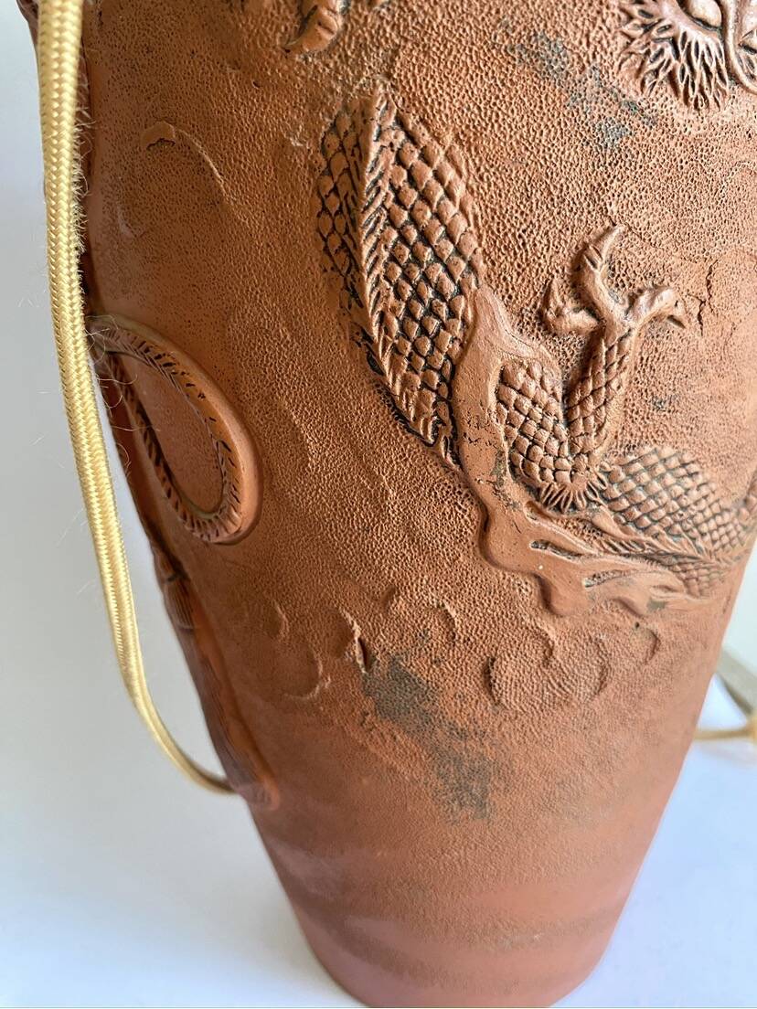 Terracotta lamp, new fabric cable, cotton lampshade.