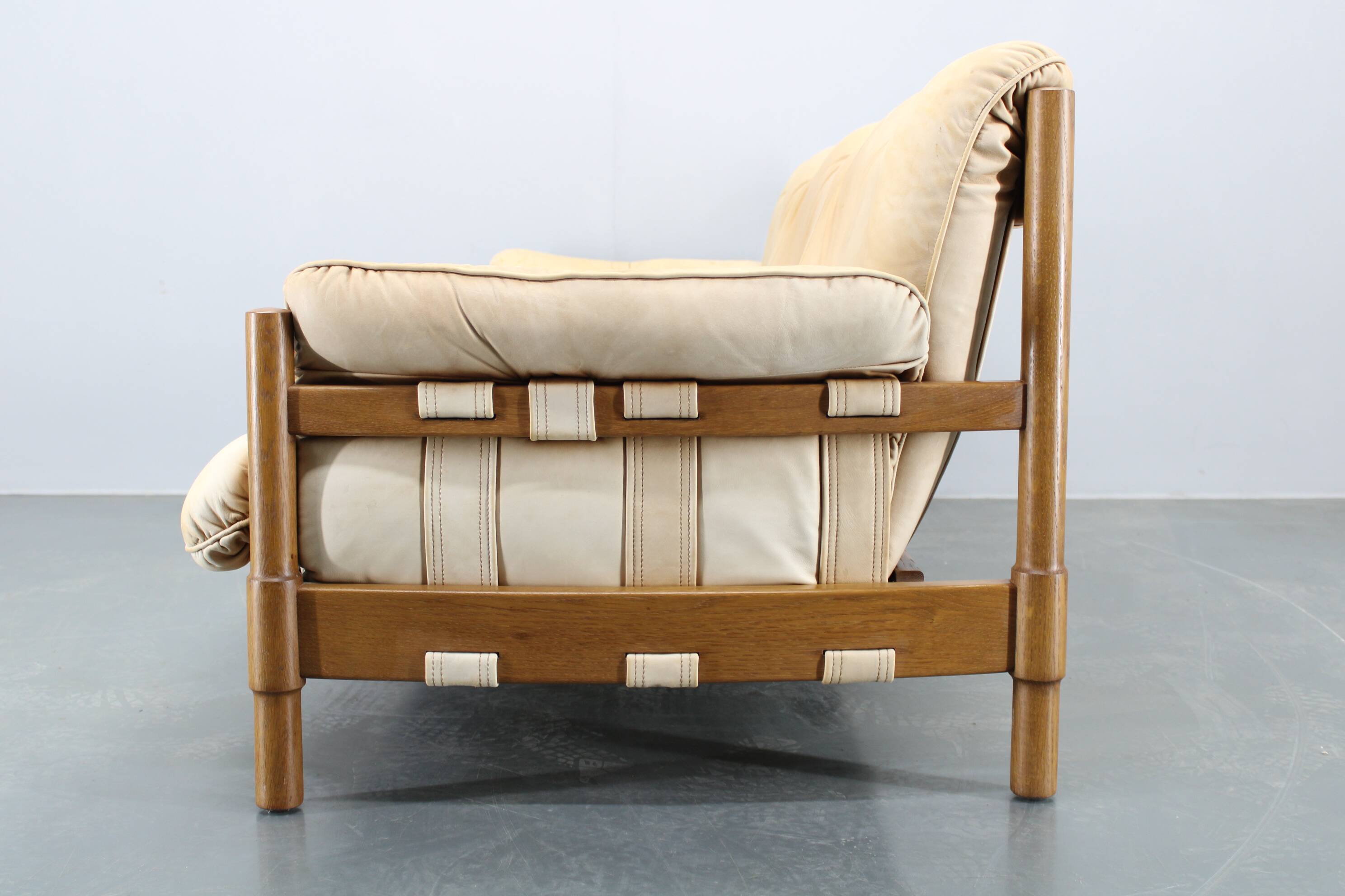 1960s Oak Scandinavian 3-Seater Sofa in Fine Leather Upholstery