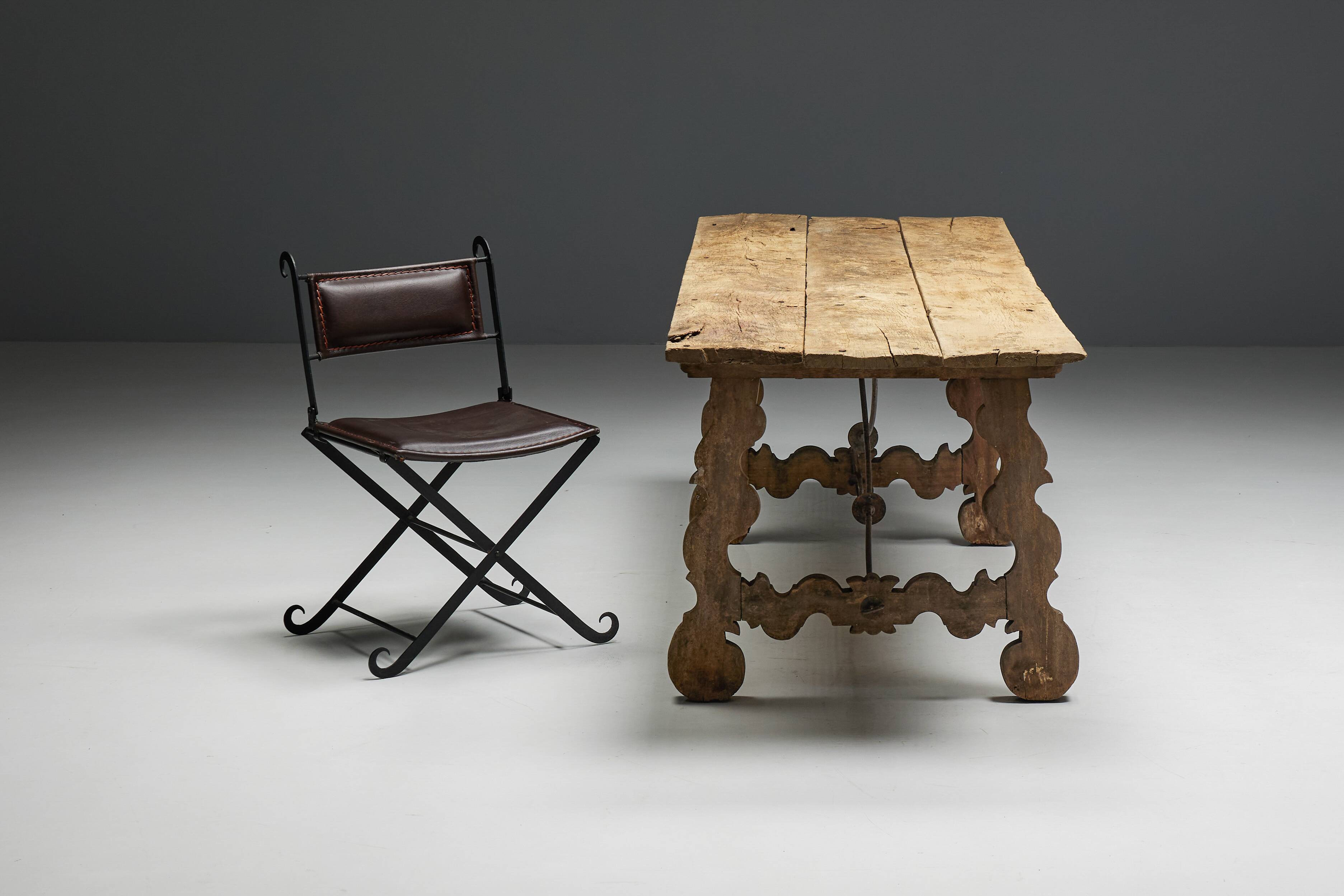 Table à Tréteaux Rustique d'Art Populaire, Espagne, 19ème Siècle